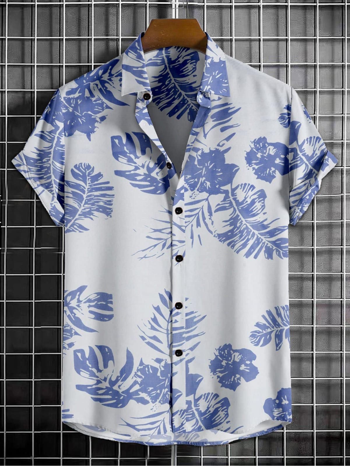 Men's Printed Half Sleeves Regular Collar Casual Shirt White & NavyBlue